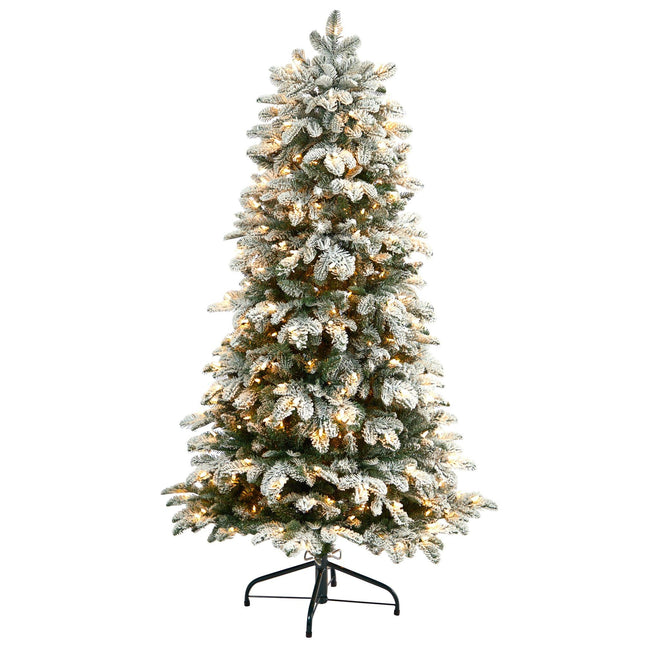5’ Flocked North Carolina Fir Christmas Tree with 350 Warm White Lights and 1247 Bendable Branches by Nearly Natural