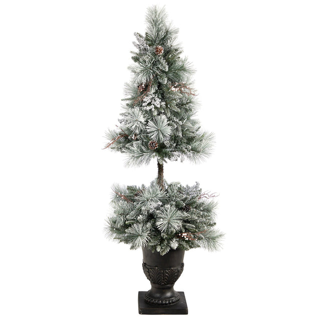 5’ Flocked Porch Christmas Tree with 100 LED Lights and 186 Bendable Branches in Decorative Urn by Nearly Natural