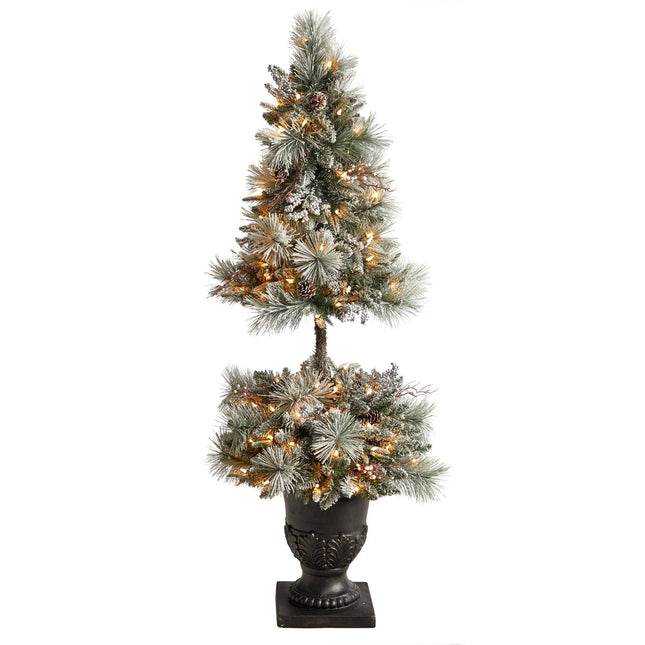 5’ Flocked Porch Christmas Tree with 100 LED Lights and 186 Bendable Branches in Decorative Urn by Nearly Natural