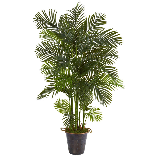 75” Areca Palm Artificial Tree in Decorative Metal Pail with Rope by Nearly Natural