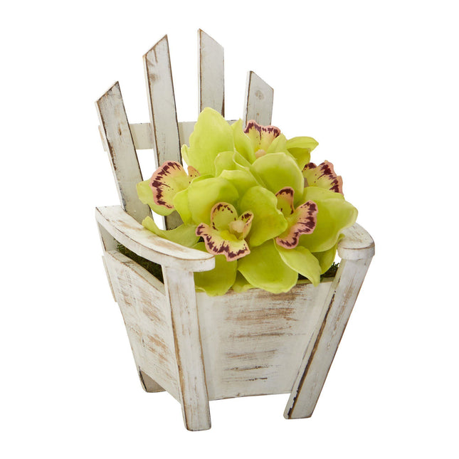 8” Cymbidium Orchid Artificial Arrangement in Chair Planter by Nearly Natural