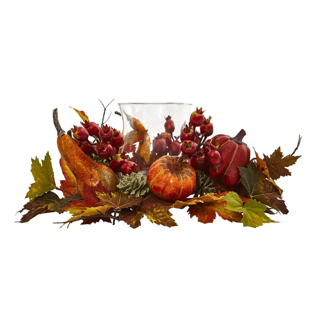 8" Pumpkin, Gourd, Berry and Maple Leaf Artificial Arrangement Candelabrum" by Nearly Natural
