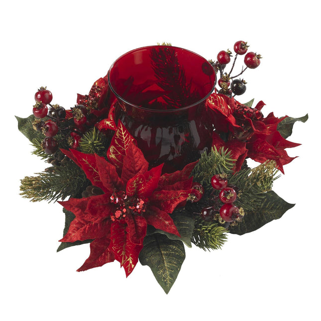Poinsettia & Berry Candelabrum by Nearly Natural