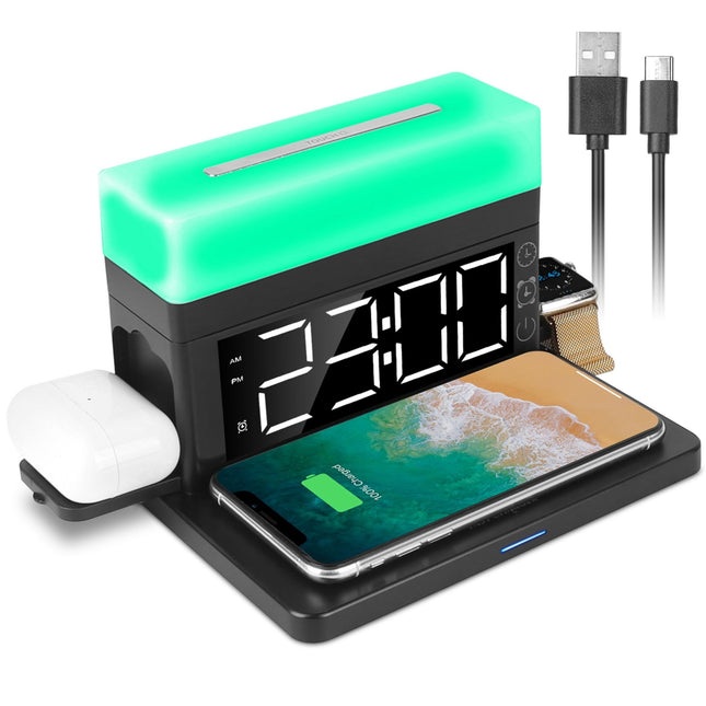 3-in-1 Fast Wireless Charger Dock with Alarm Clock, Dimmable Night Light - iPhone 14/13/12/11/Pro Max/iWatch/AirPods - Multiple Packs - Black