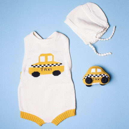 Organic Baby Gift Set - Hand Knit Newborn Romper, Bonnet Hat & Rattle Toy | Taxi by Estella