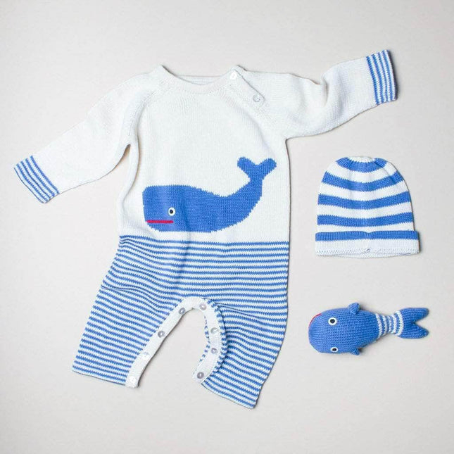 Organic Baby Gift Set - Handmade Newborn Long Romper, Hat & Rattle Toy | Whale by Estella