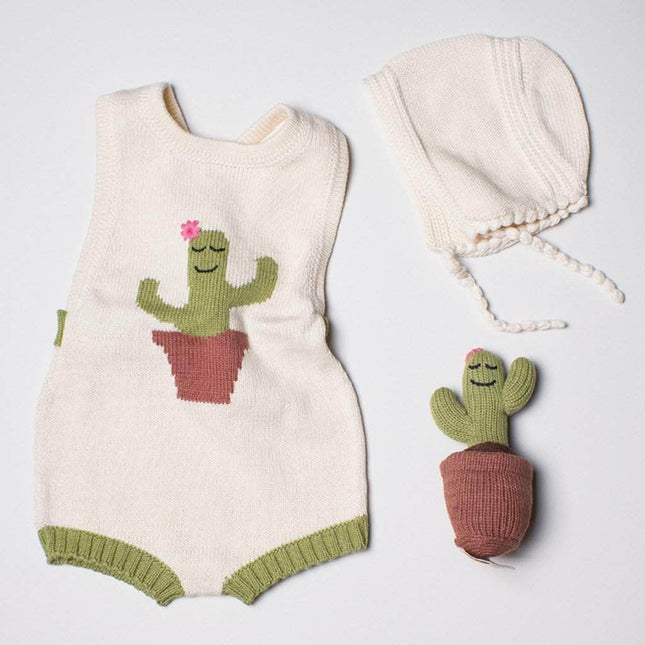 Organic Baby Gift Set - Handmade Newborn Romper, Bonnet & Rattle Toy | Cactus by Estella