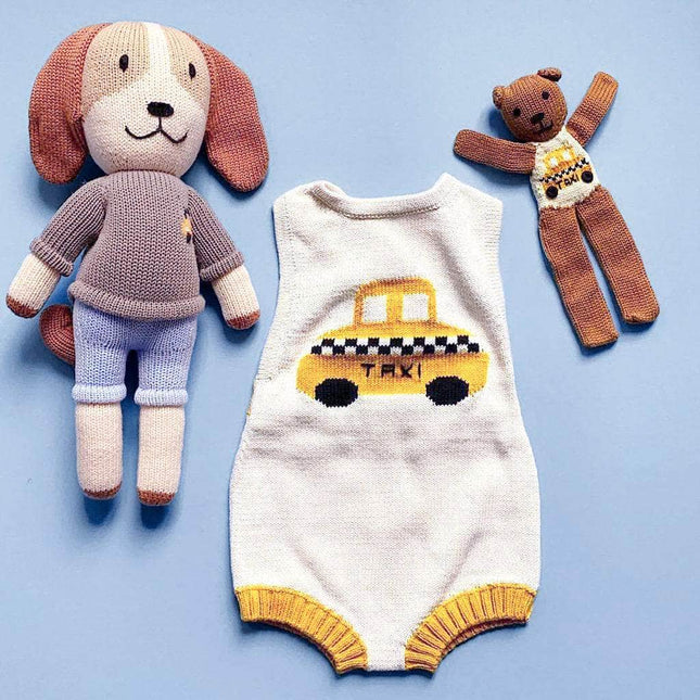 Organic Baby Gift Set-Knitted Taxi Newborn Romper, Taxi Dog, Taxi Bear by Estella
