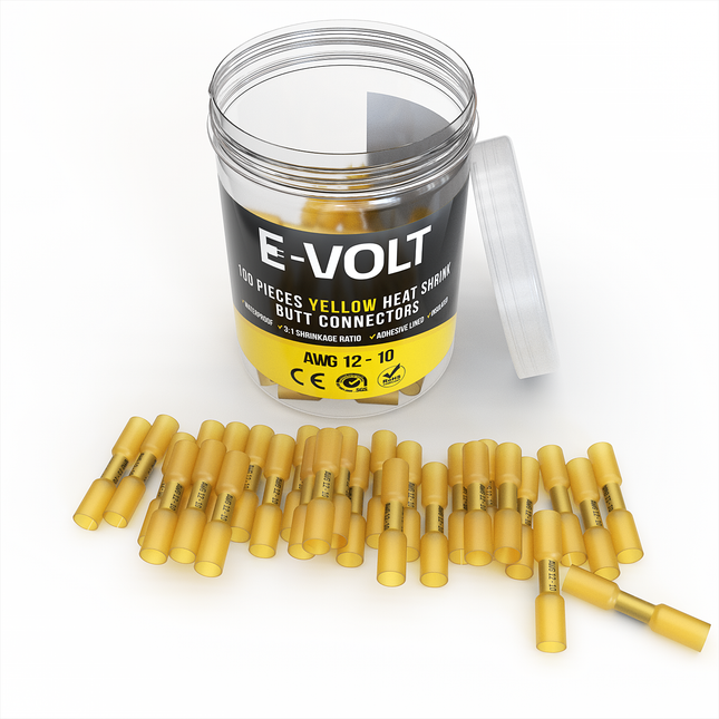 100 PC 12-10 Gauge Yellow Heat Shrink Butt Crimp Connectors by E-VOLT