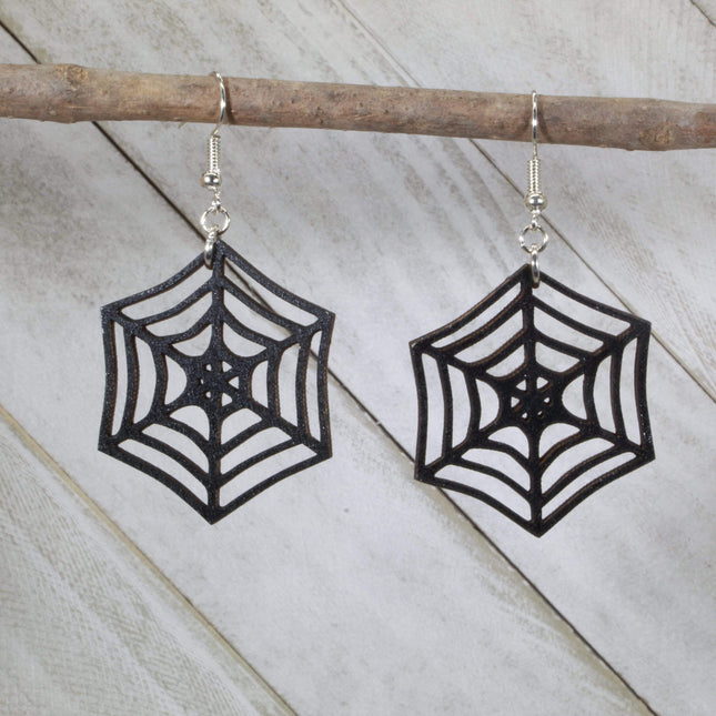 Halloween Creepy Spider Web Wooden Dangle Earrings by Cate's Concepts, LLC - Vysn