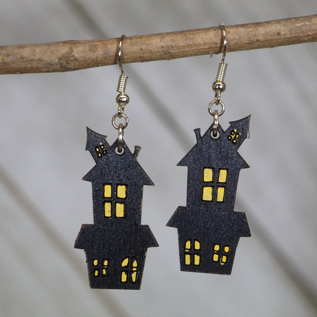 Halloween Haunted House Wooden Dangle Earrings by Cate's Concepts, LLC - Vysn