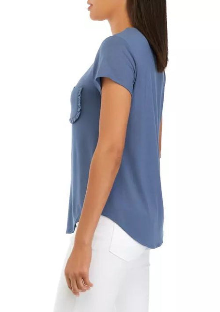 Cupio Crew Neck Cap Sleeve Chest Pocket Stretch Crepe Top by Curated Brands