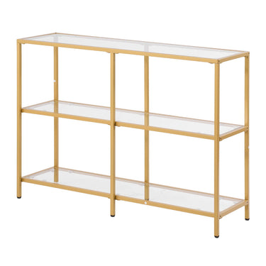 3-Tier Glass Console Table, Modern Rectangle Sofa Side Table with Tempered Glass Top and Iron Legs, Golden Consloe Desk with Anti-Tip Device for Living Room, Hallway, Entryway, Foyer, Golden