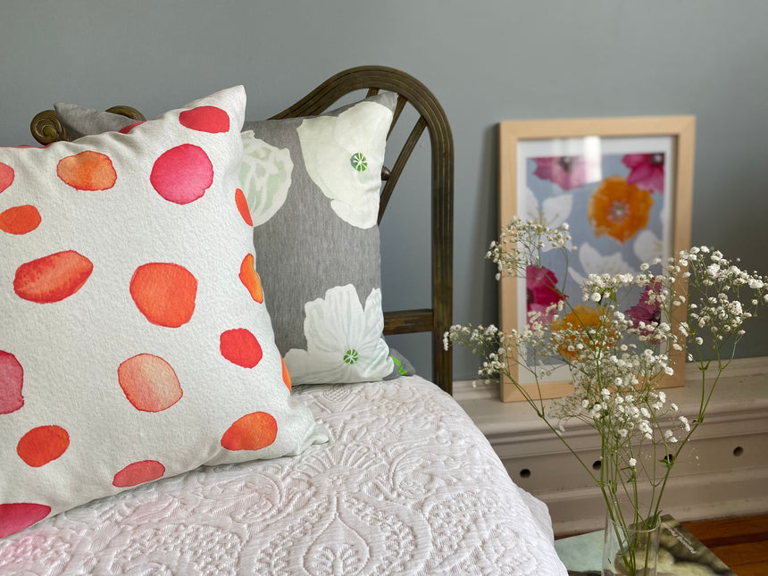 Throw Pillow: White Poppies on Grey by India & Purry