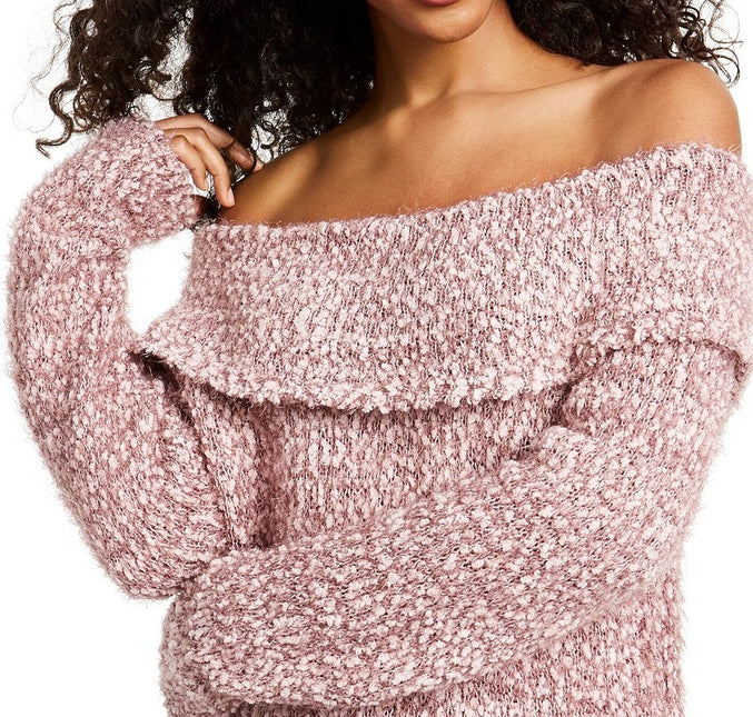 Freshman Juniors' Off-The-Shoulder Fuzzy Sweater Pink Size Extra Small by Steals