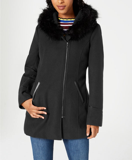 Maralyn & Me Juniors' Faux-Fur-Trim Hooded Coat Black Size Medium by Steals