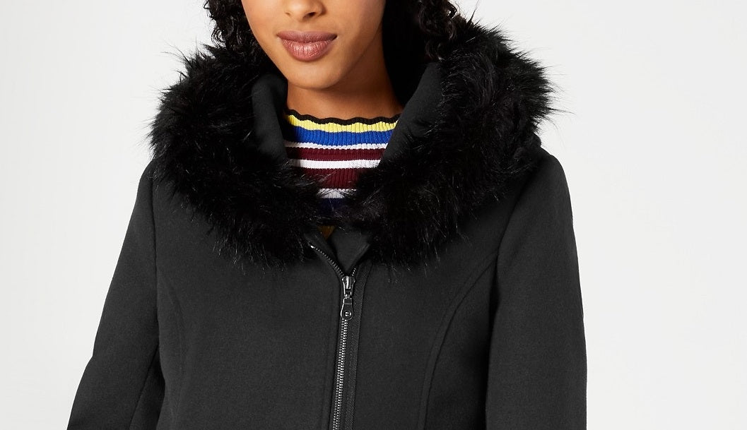 Maralyn & Me Juniors'  Faux-Fur-Trim Hooded Coat Black Size Small by Steals