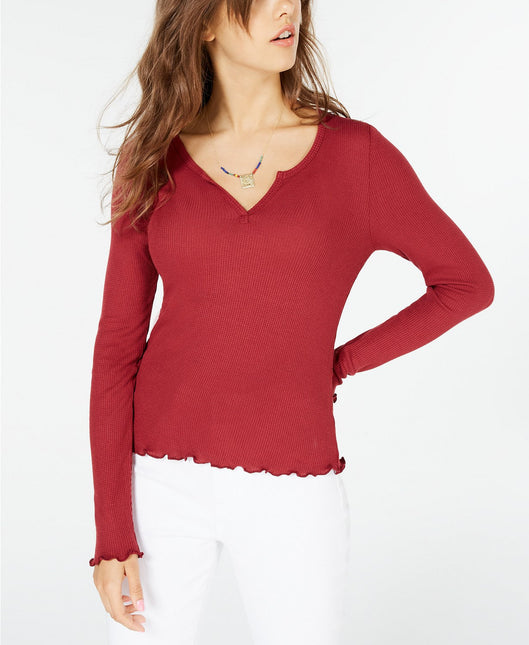 Hippie Rose Juniors' Waffle-Knit Lettuce-Edge Top Red Size Extra Small by Steals