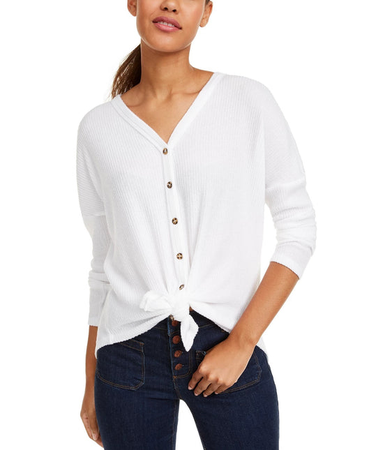 Ultra Flirt Juniors' Cozy Ribbed Tie-Front Top White Size Extra Large by Steals