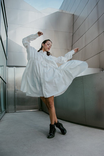 Hotaru Long Sleeve Pleated Shirt Dress - White by Marigold Shadows