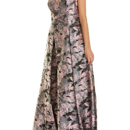 Aidan Mattox V-Neck Sleeveless Box Pleat Zipper Back Embroidered Jacquard Gown by Curated Brands