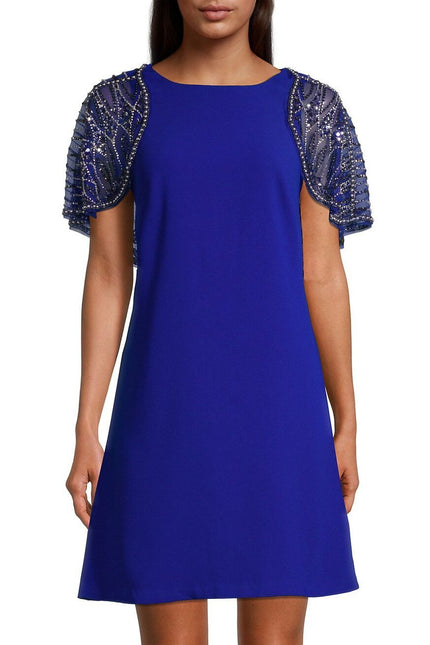 Aidan Mattox Boat Neck Embellished Mesh Cape Keyhole Back Button Closure Scuba Dress by Curated Brands