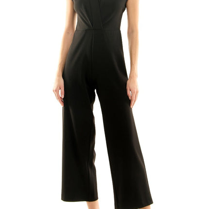 Nicole Miller V-Neck Sleeveless Gathered Front Solid Scuba Jumpsuit by Curated Brands