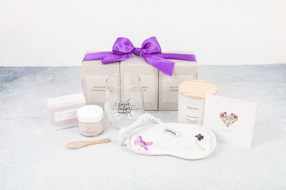 Lizush Luxury Spa Gift Basket And Self Care Gifts For Women With Wine Glass, Candle, Lavender Soap Bar, Facial Clay Mask, Eye Mask - Enjoy Every Moment - 5 Piece Set by Lizush