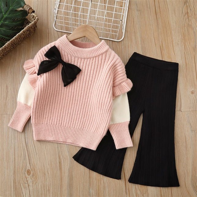 Baby Solid Color Bow Patched Sweater With Pants Sets by MyKids-USA™
