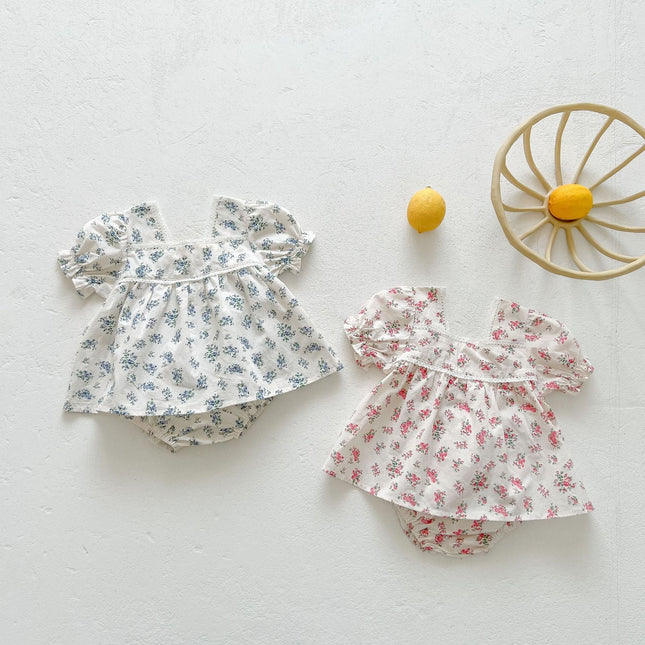 Baby Girl Floral Print Squared Collar Short Sleeved Dress Combo Short Pants In Sets by MyKids-USA™