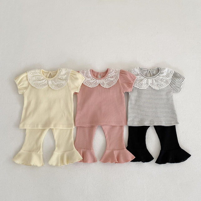 Baby Girl Solid Color Mesh Doll Neck Shirt With Pants Sets by MyKids-USA™