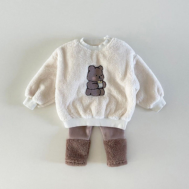 Baby Bear Embroidered Pattern Plush Hoodies Combo Pants  Pieces Sets by MyKids-USA™