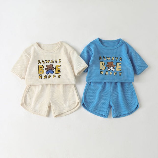 Baby Cartoon Bear & Slogan Pattern Waffle Fabric Tops Combo Solid Shorts 1-Piece Sets by MyKids-USA™