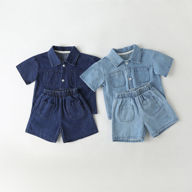 Baby Solid Color Butoon Front Denim Shirt Combo Shorts Sets In Summer by MyKids-USA™