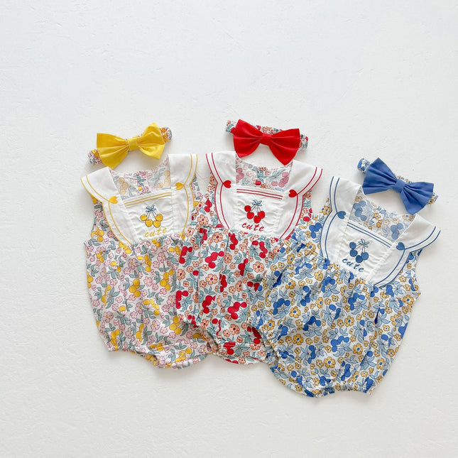 Baby Girl Floral Print Pattern With Headband Sleeveless Onesie by MyKids-USA™