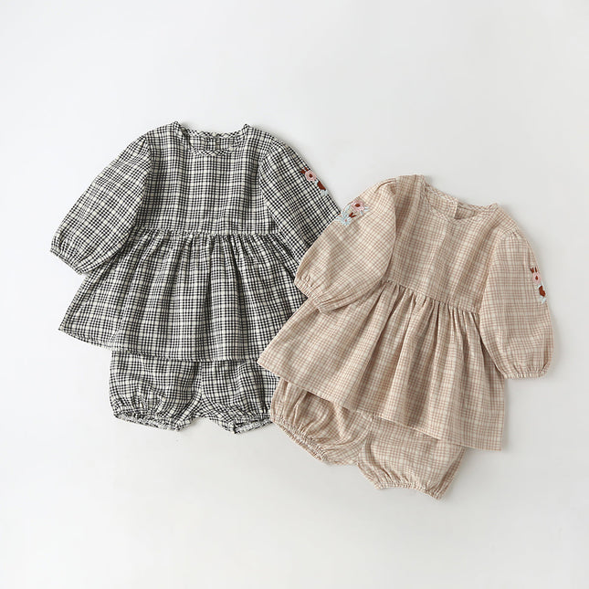 Baby Girl Floral Embroidered Pattern Plaid Graphic A-Line Tops Combo Shorts Sets by MyKids-USA™
