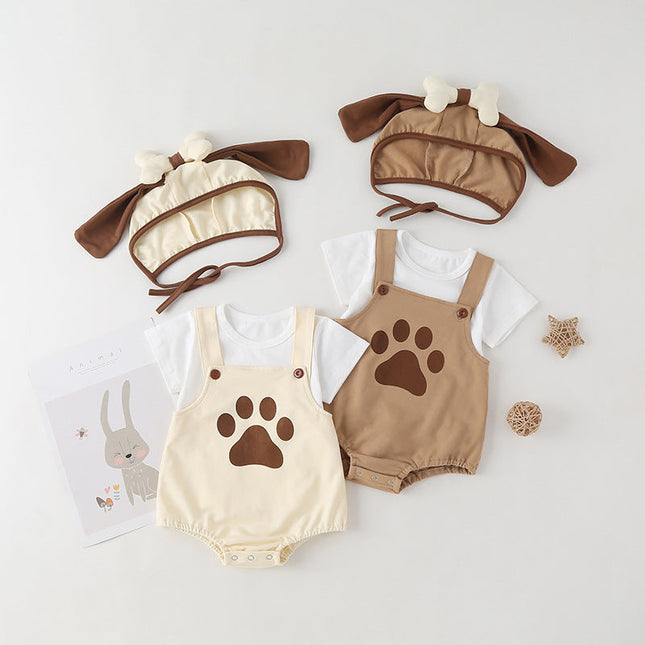 Baby Kids Puppy Print Pattern Short Sleeves With Straps Onesies In Set With Hat Of Puppy Shape by MyKids-USA™