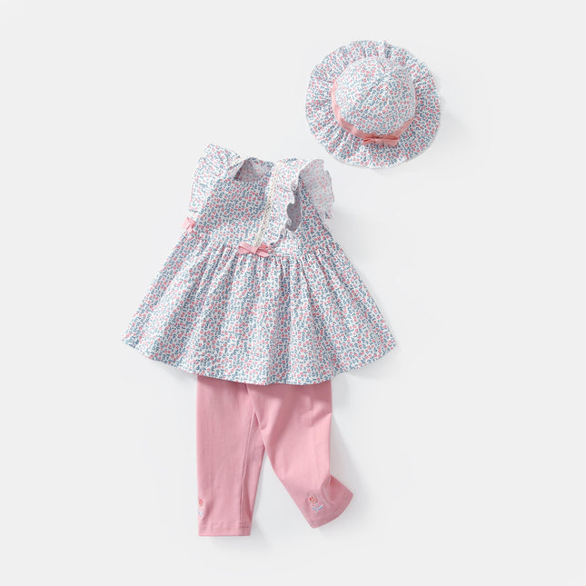 Baby Girls Floral Print Sleeveless Dress Combo Pink Solid Pants With Sun Hat In Sets by MyKids-USA™
