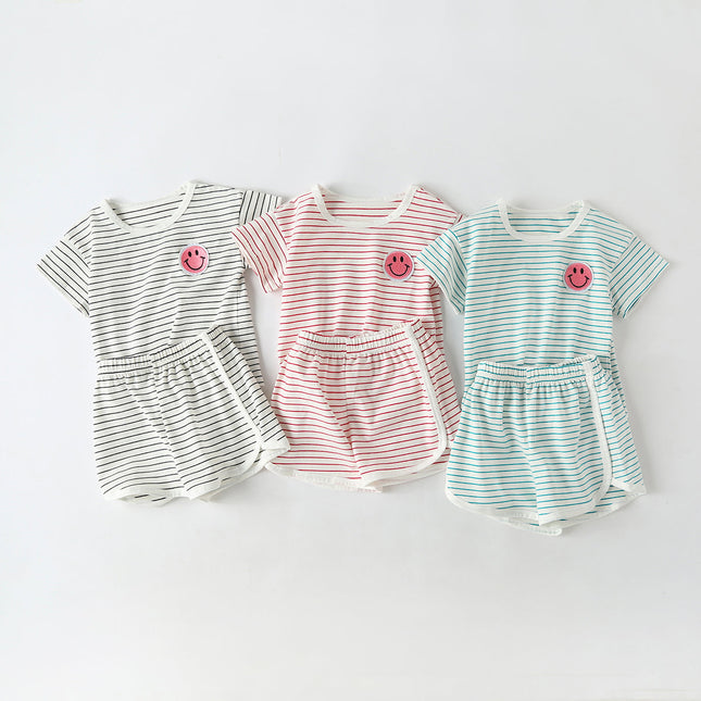 Baby Smiley Patched Pattern Striped Graphic Tee Combo Shorts Sets by MyKids-USA™