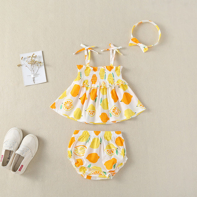 Baby Girl Lemon Fruit Print Sleeveless Dress Combo Short Pants In Sets by MyKids-USA™