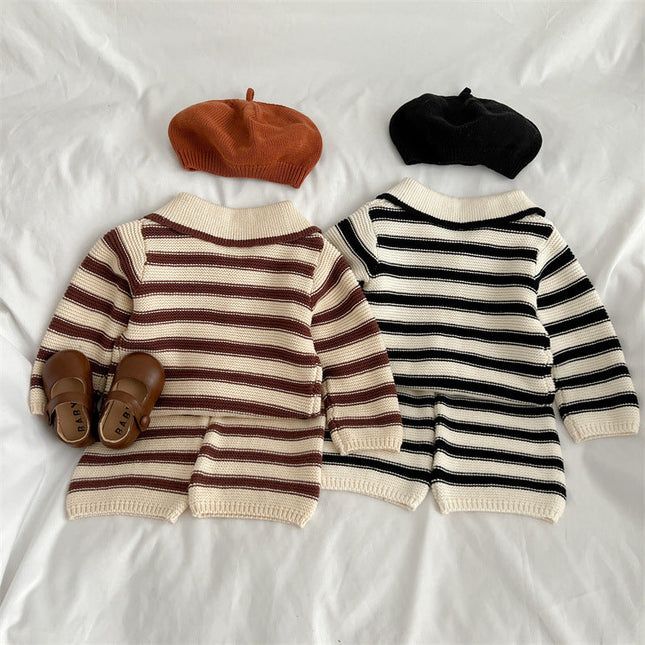 Baby Striped Pattern Lapel Knitted Cardigan With Pants Sets by MyKids-USA™