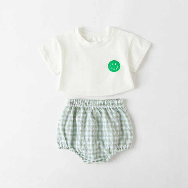 Baby Smiley Print Pattern Solid Tee Combo Plaid Pattern Triangle Shorts Sets by MyKids-USA™