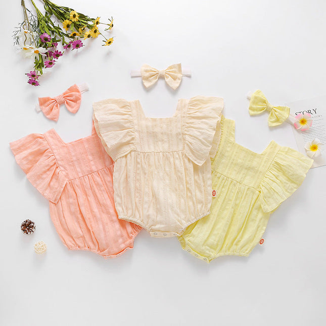 Baby Girl Solid Color Square Collar Design Short-Sleeved Onesies With Headband In Summer Outside Wearing by MyKids-USA™