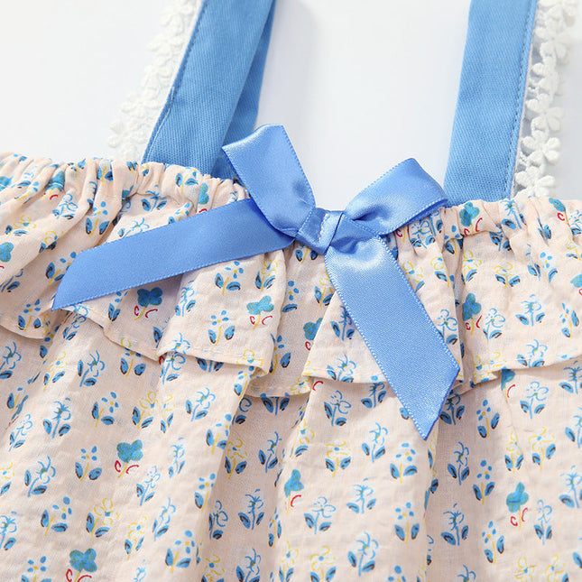 Baby Girl Floral Graphic Bow Tie Patched Design Lace Sling Tops Combo Solid Blue Shorts Sets by MyKids-USA™