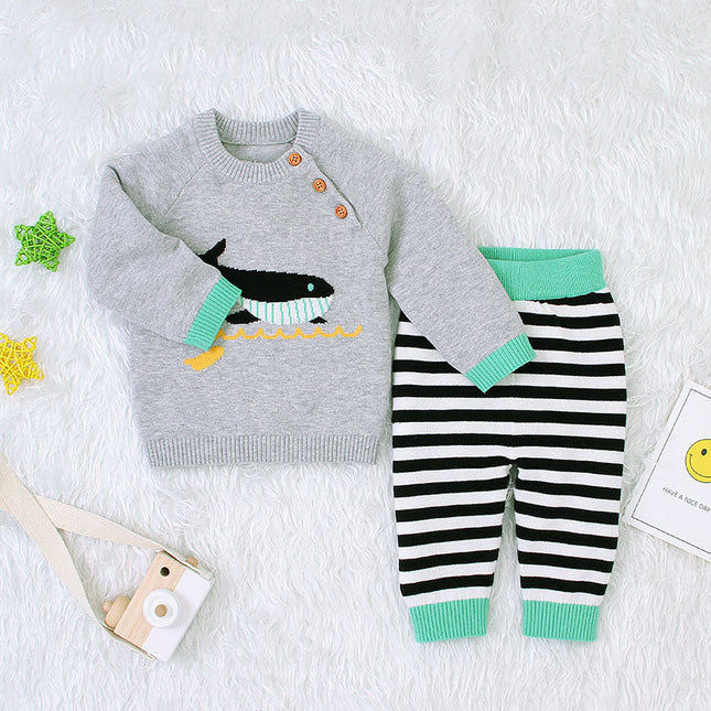Baby Boy Cartoon Animal Embroidered Pattern Shoulder Button Design Pullover Sweater & Striped Trousers Sets by MyKids-USA™