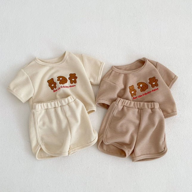 Baby Bear Embroidered Pattern Waffle Fabric T-Shirt Combo Shorts Sets by MyKids-USA™