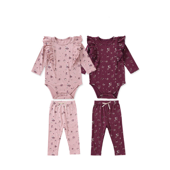 Baby Girl Ditsy Flower Pattern Ruffle Design Onesies With Pants Sets by MyKids-USA™