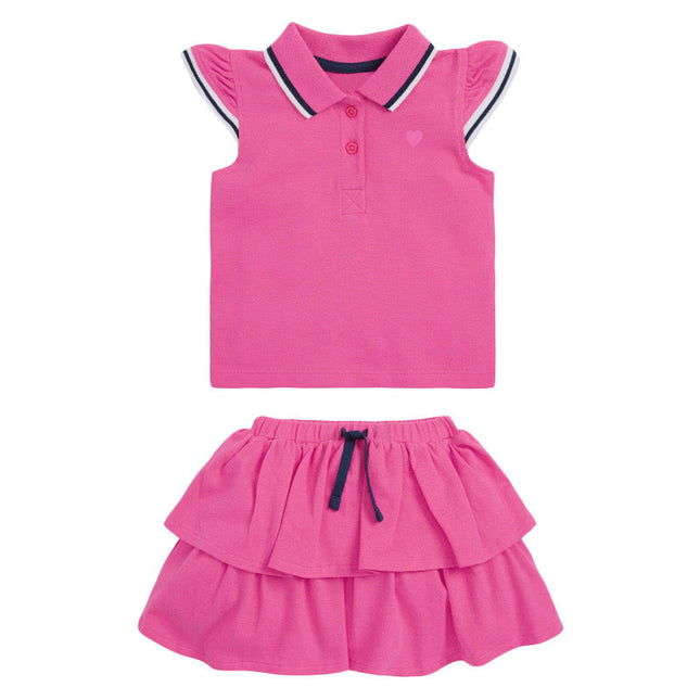 Baby Girl Heart Embroidered Pattern Polo-Neck Shirt And Layered Solid Short Skirt Sets by MyKids-USA™
