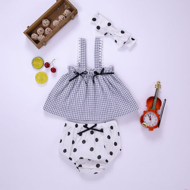 Baby Girl Plaid Pattern Sling Tops Combo Polka Dot Shorts With Handband Sets by MyKids-USA™