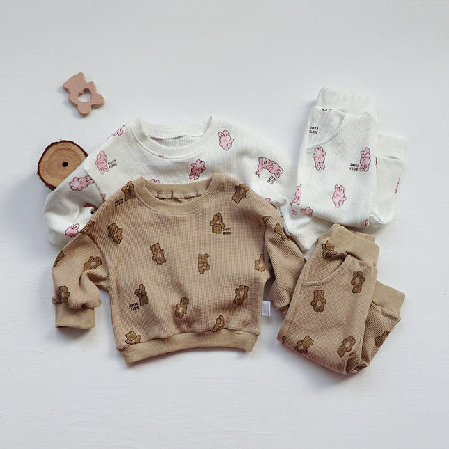 Baby Waffle Fabric Cartoon Bear Graphic Hoodies Combo Trousers Autumn Casual 1 Pieces Sets by MyKids-USA™